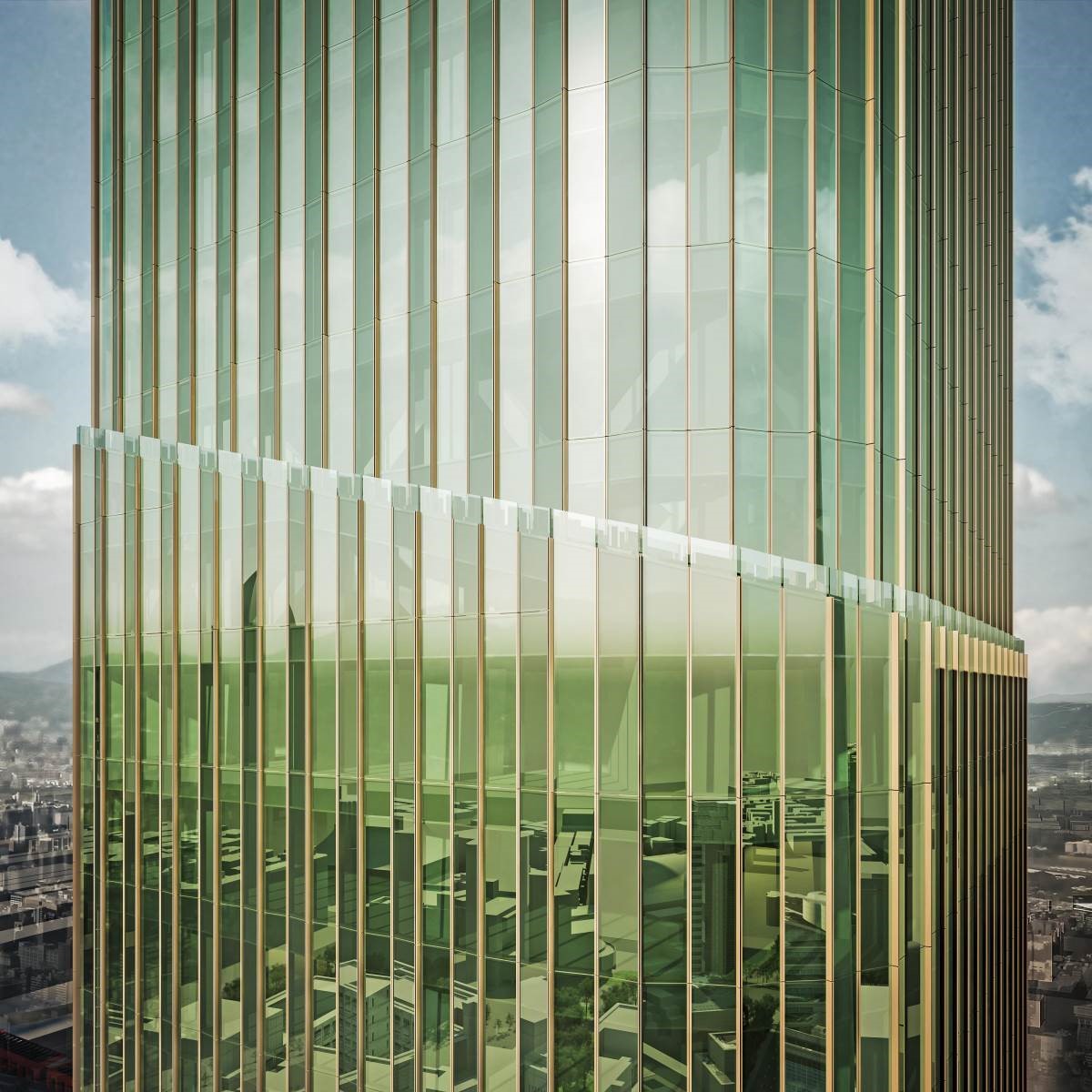 建築體的設計靈感來自綠竹筍，而帶著凹與凸的弧型玻璃讓建築神似希臘神殿的石柱，東西方形象和諧共融。(圖片提供：碩河開發)